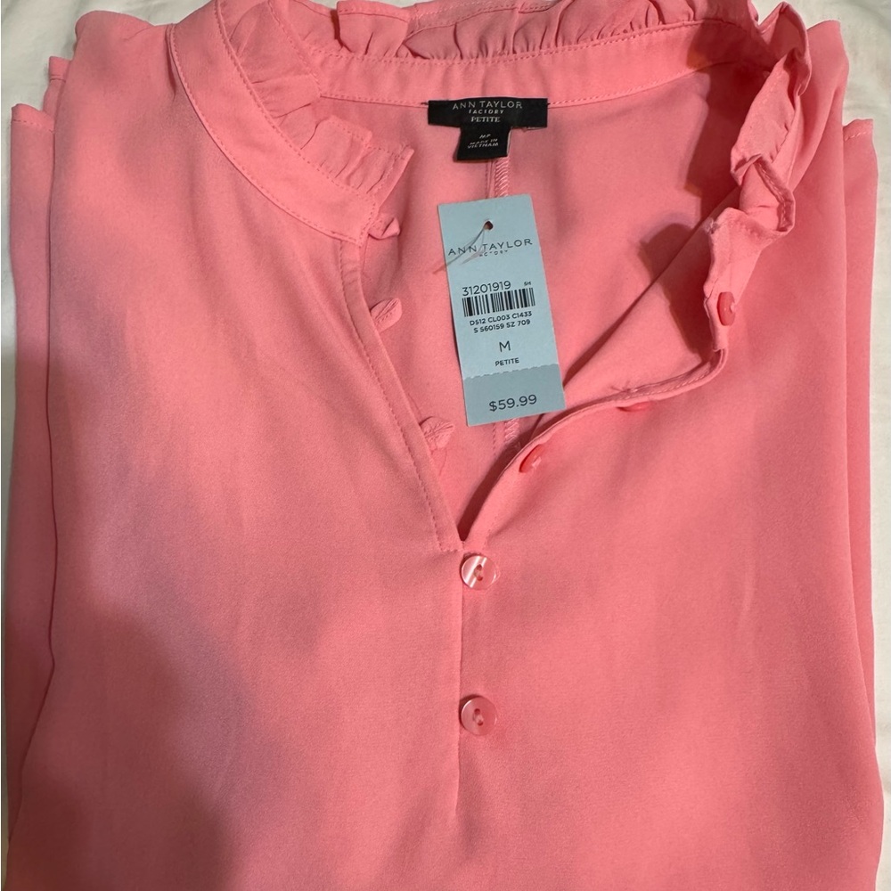 Ann Taylor Coral Pink Button-Front Ruffle Blouse